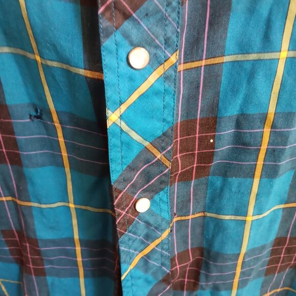Vintage Mens Western Shirt XL Trashed Wrangler Plaid Snap 17.5x36 Long Tail 90s - Picture 3 of 8